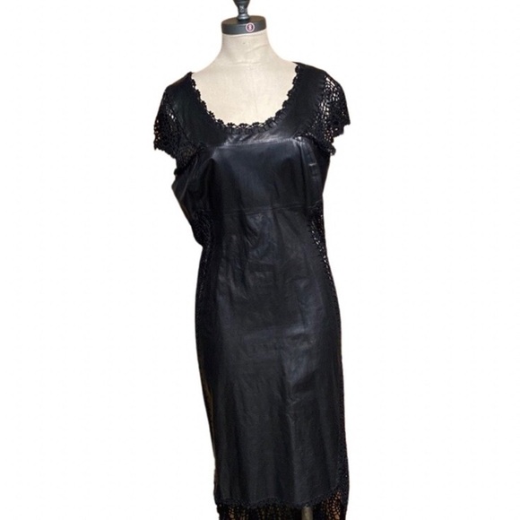 BLACK LEATHER AND KNIT HIGH LOW DRESS with flaw - Picture 3 of 11